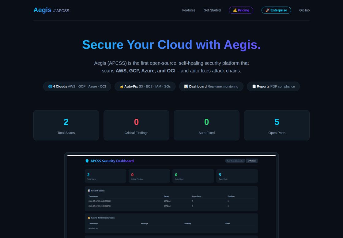 Aegis homepage, first screen