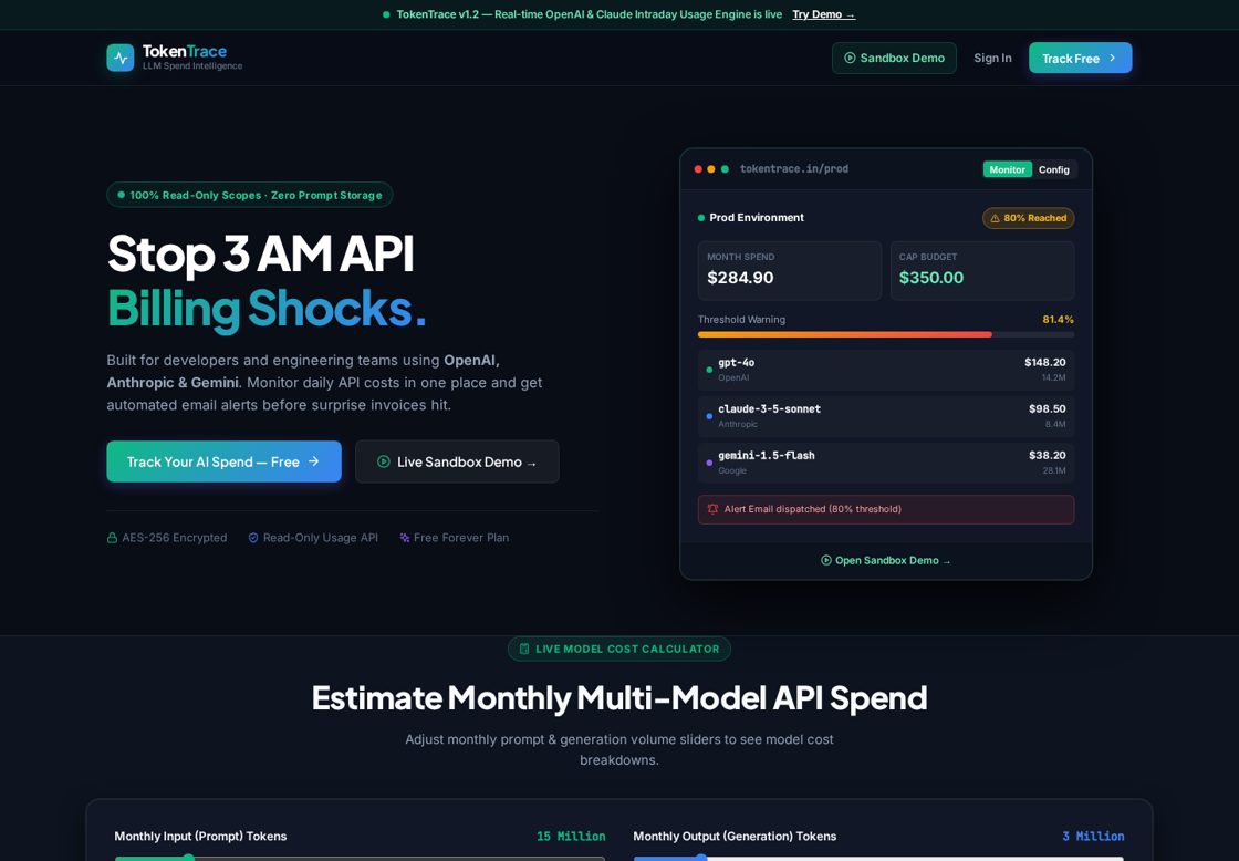 TokenTrace homepage, first screen