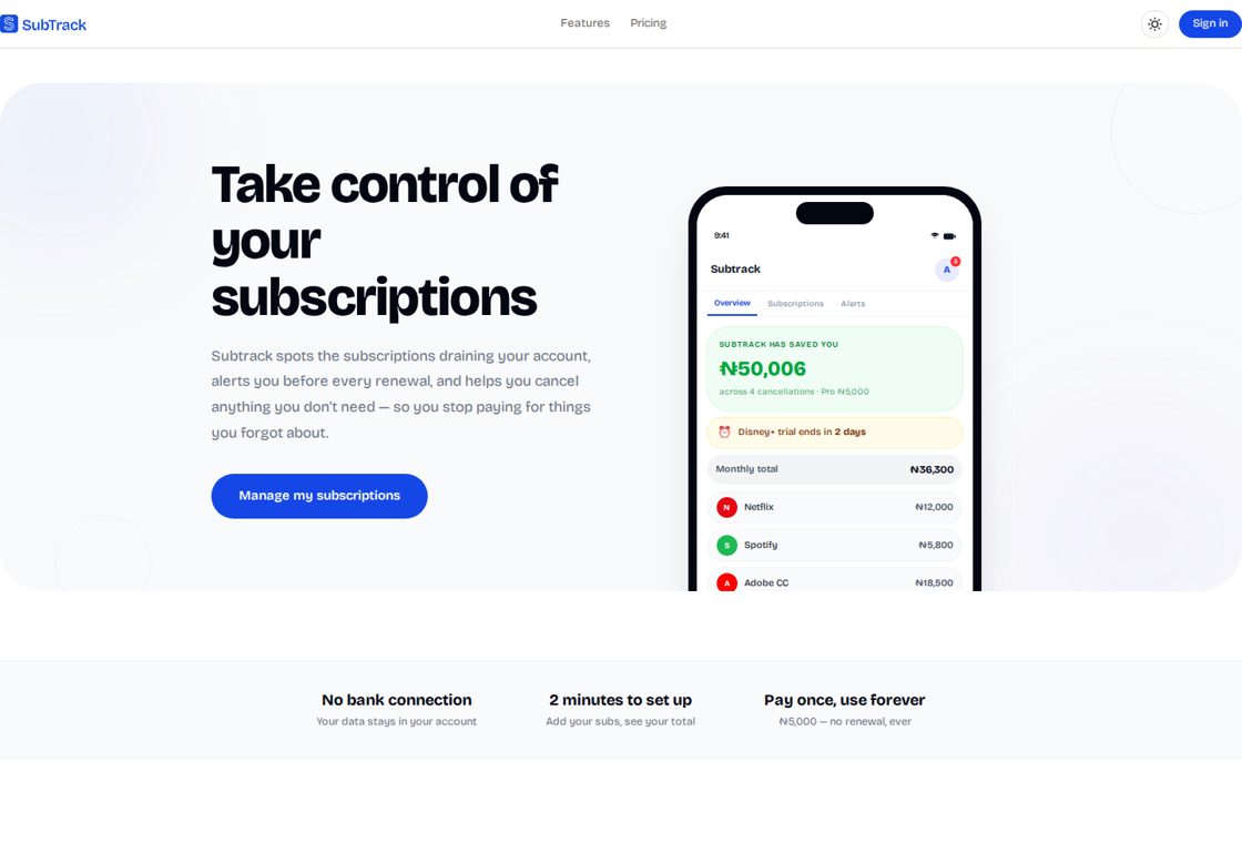 Subtrack homepage, first screen