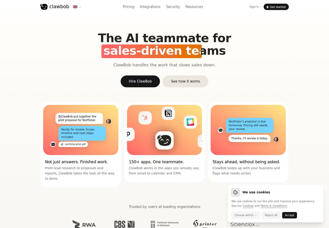 ClawBob homepage, first screen