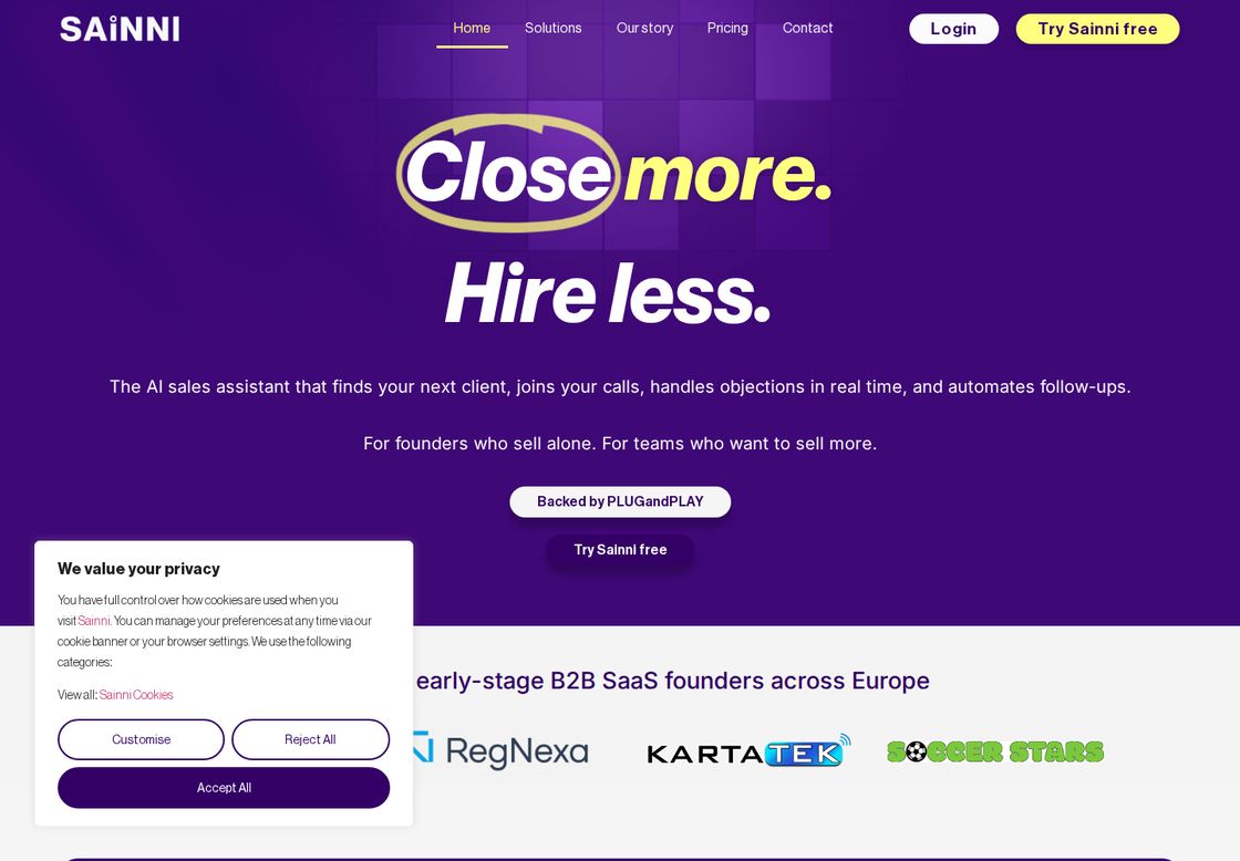 Sainni homepage, first screen