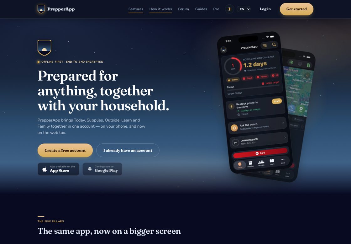 PrepperApp homepage, first screen
