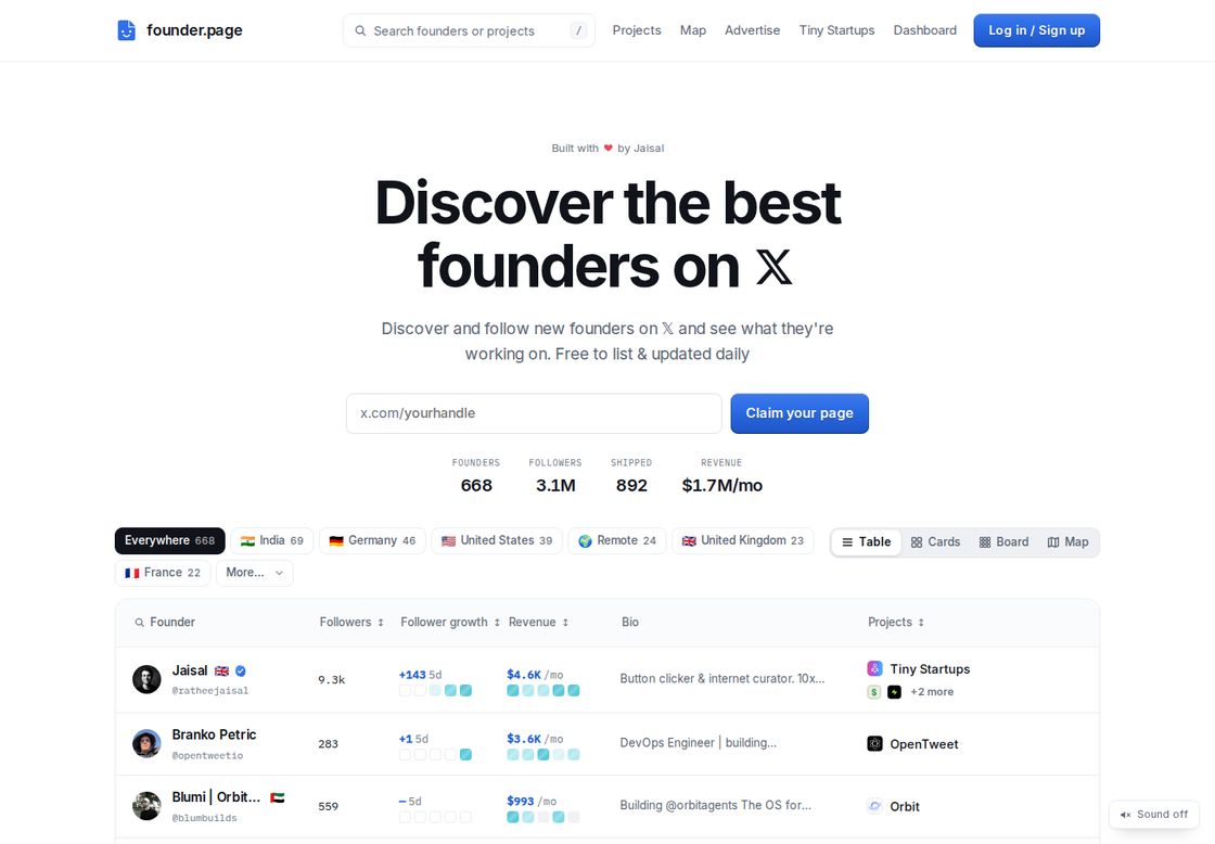 founder.page homepage, first screen