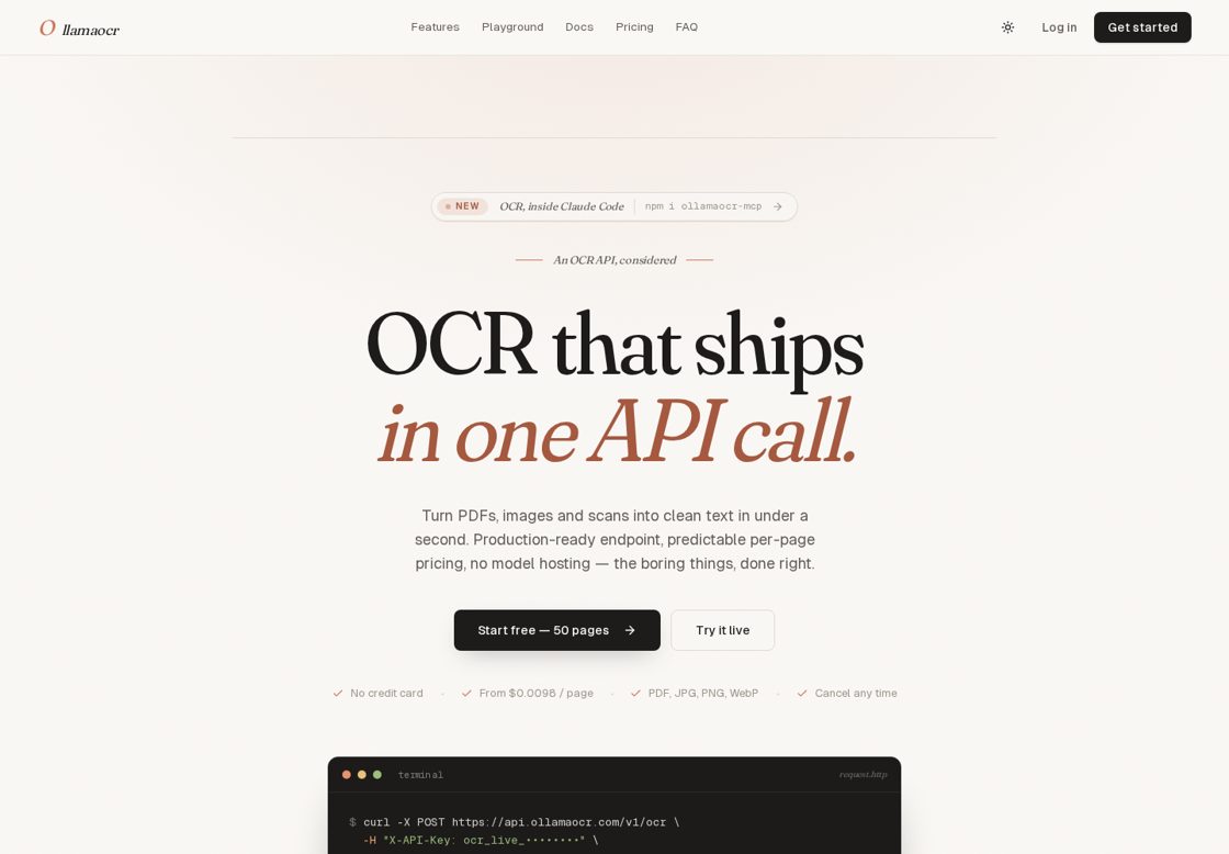 OllamaOCR homepage, first screen