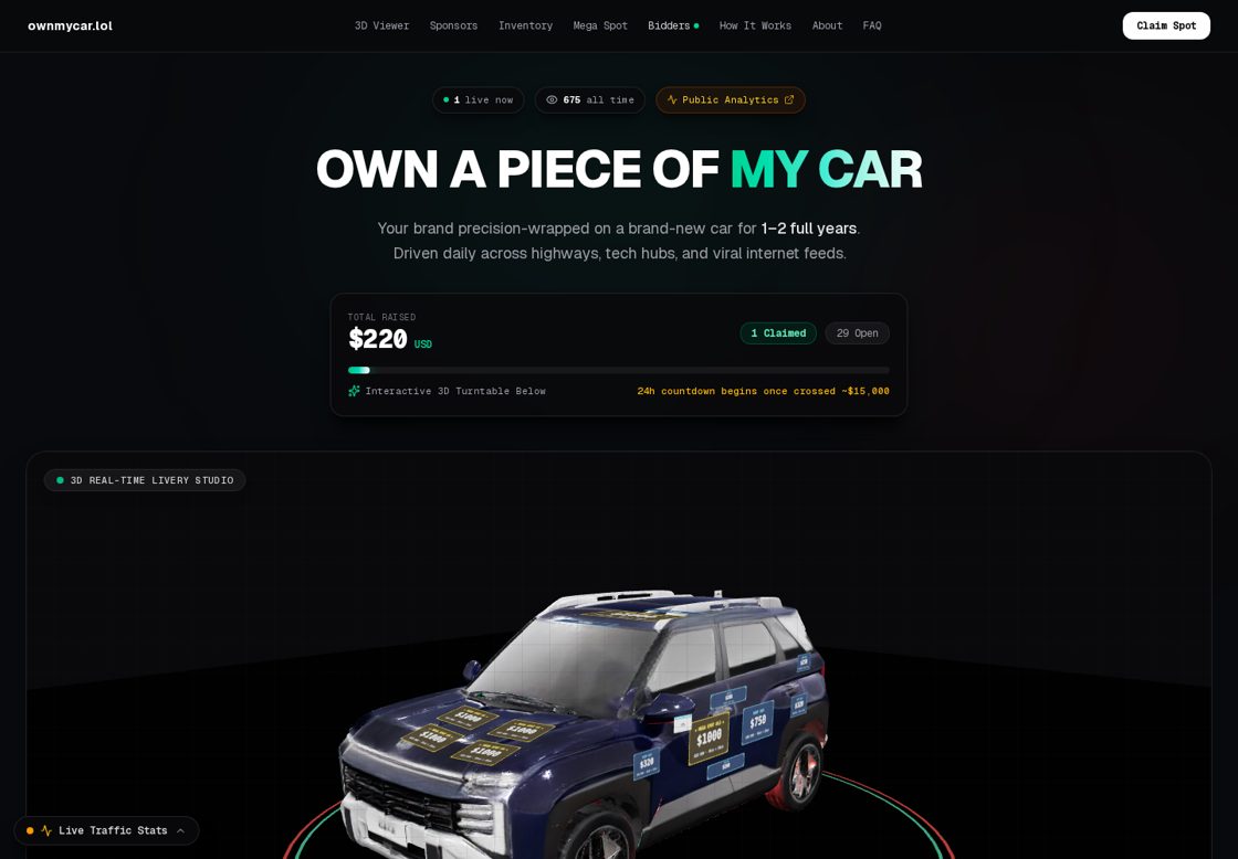 Own a Piece of My Car homepage, first screen