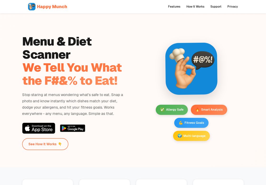 Happy Munch homepage, first screen