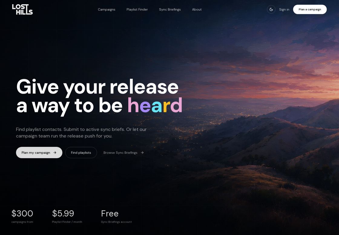 Lost Hills homepage, first screen
