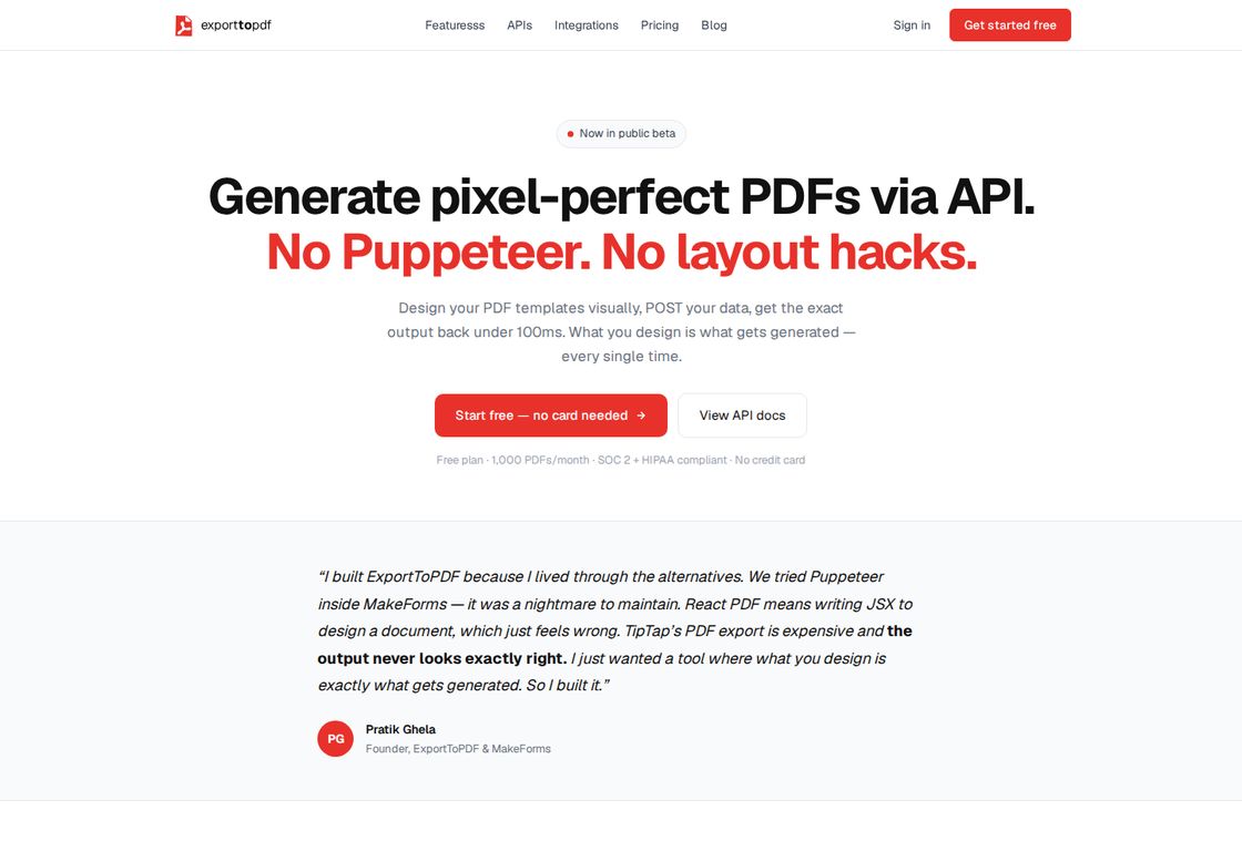 ExportToPDF homepage, first screen