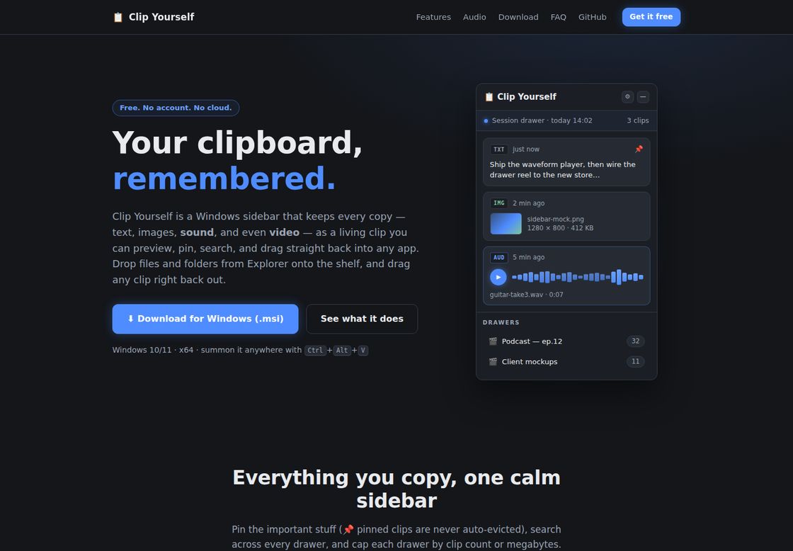 Clip Yourself homepage, first screen