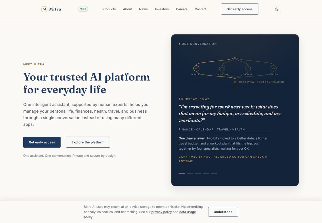 Mitra homepage, first screen