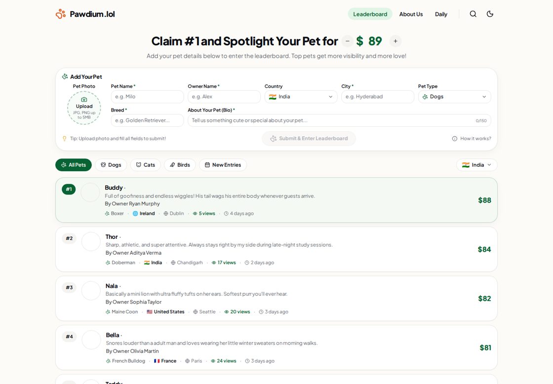 Pawdium homepage, first screen