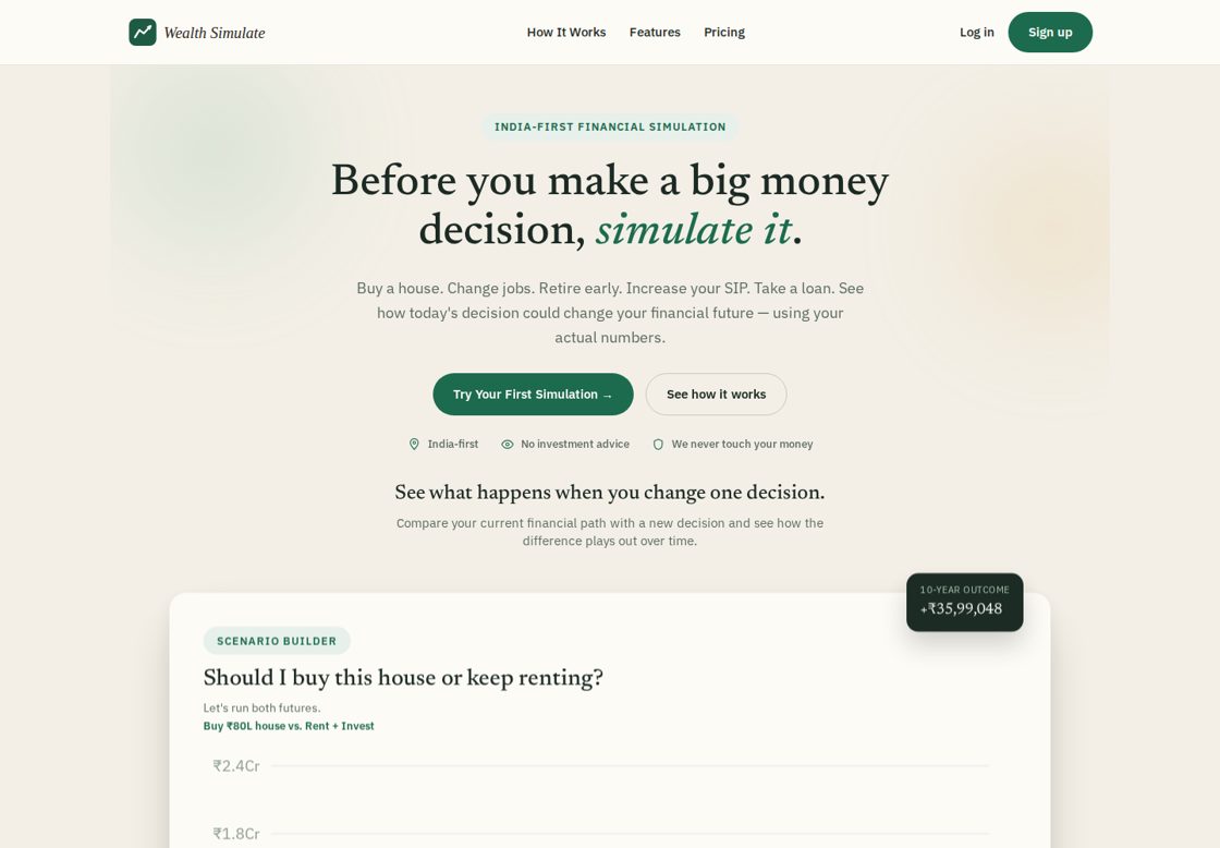 Wealth Simulate homepage, first screen
