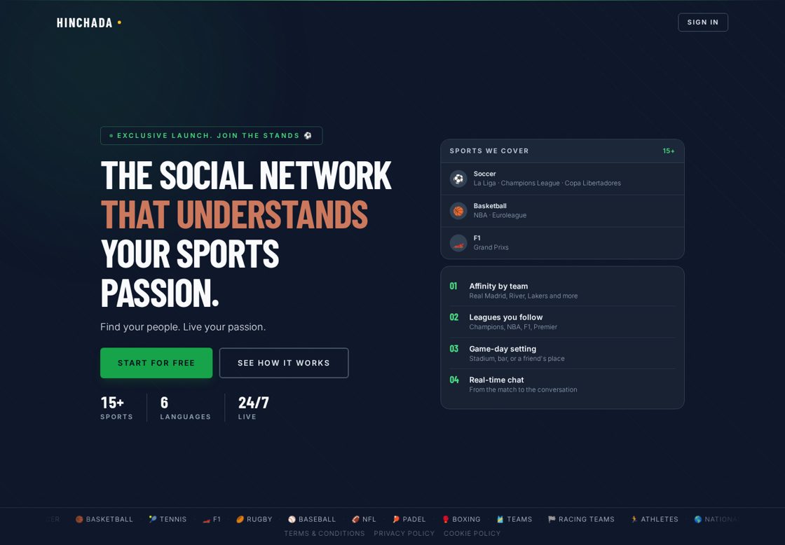 Hinchada homepage, first screen