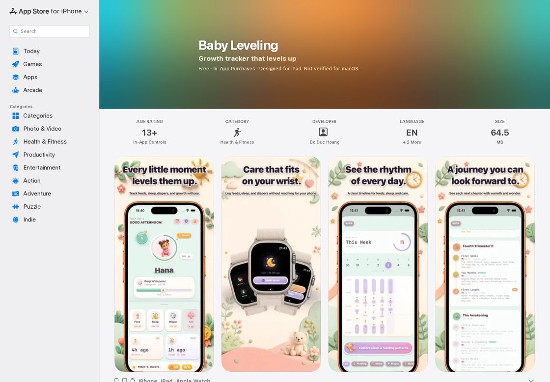 Baby Leveling homepage, first screen