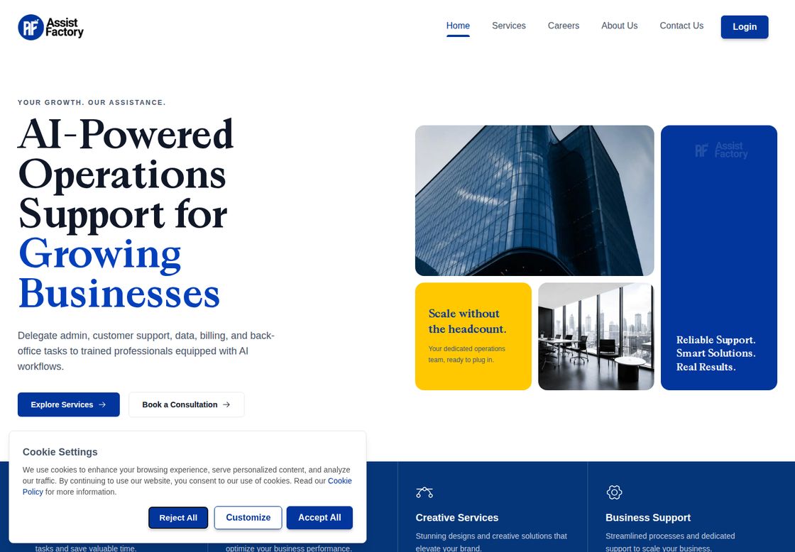 Assist Factory homepage, first screen