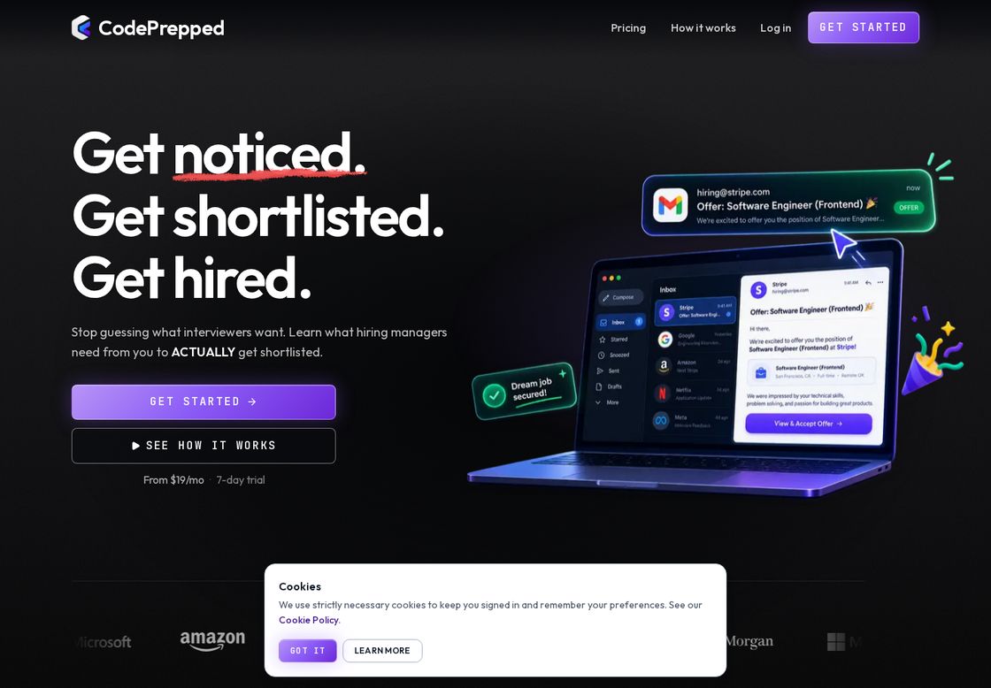 CodePrepped homepage, first screen