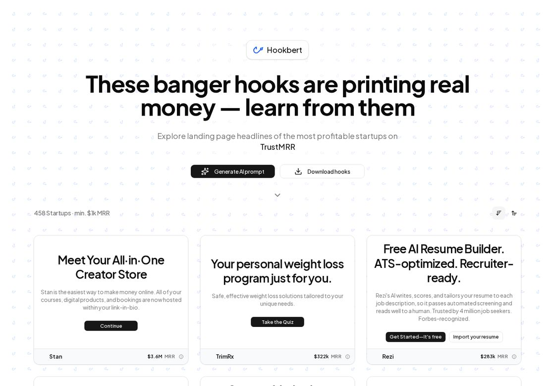 Hookbert homepage, first screen