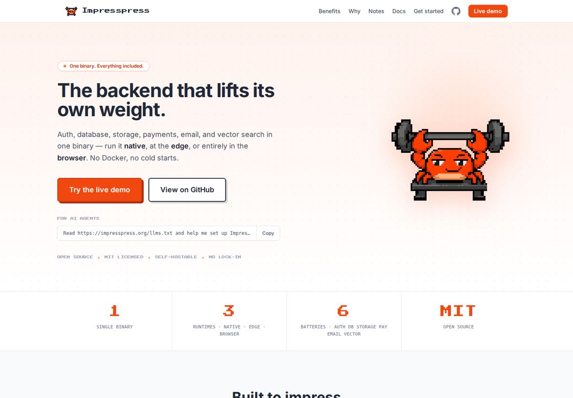 Impresspress homepage, first screen