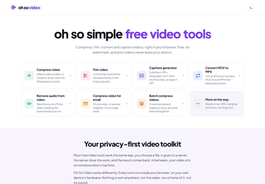 Oh So Video homepage, first screen