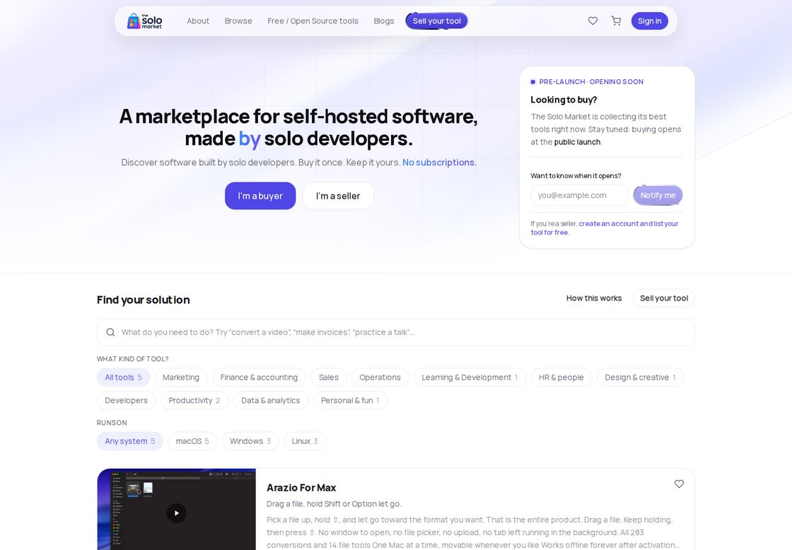 The Solo Market homepage, first screen