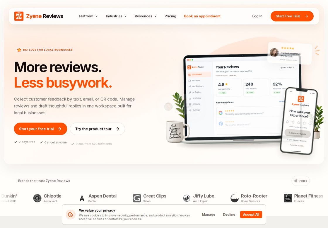 Zyene Reviews homepage, first screen