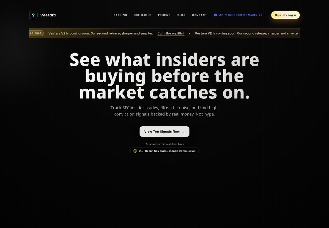 Vestara homepage, first screen