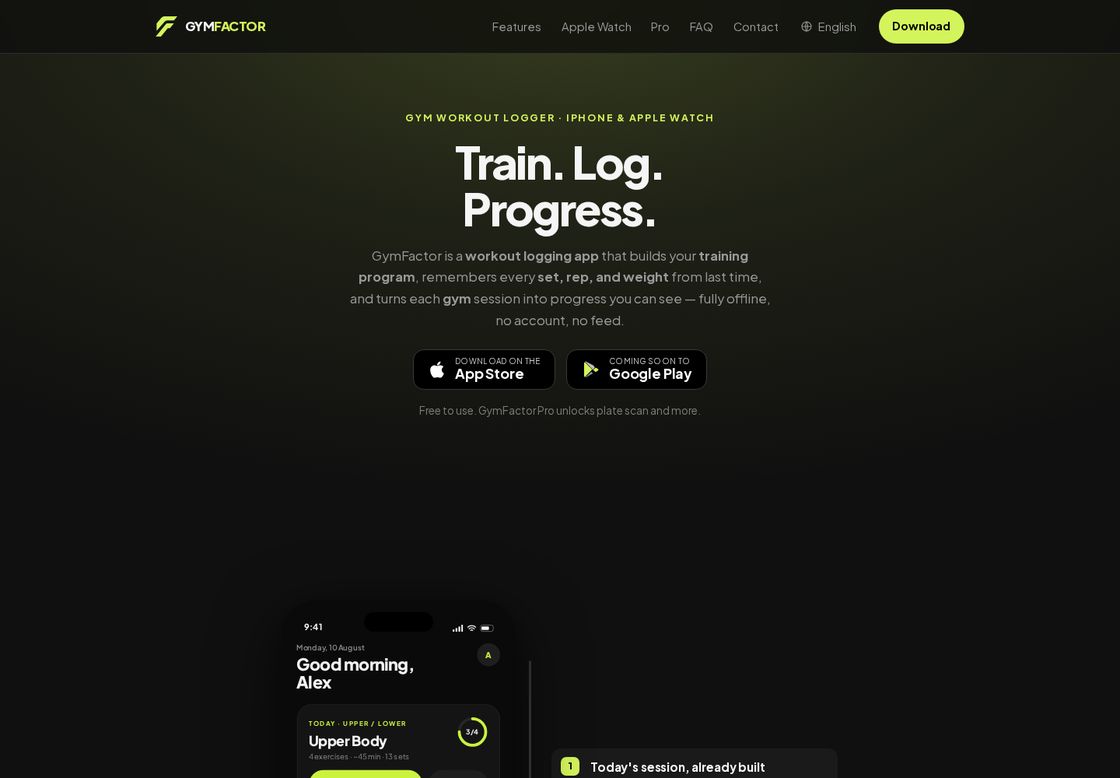 GymFactor homepage, first screen