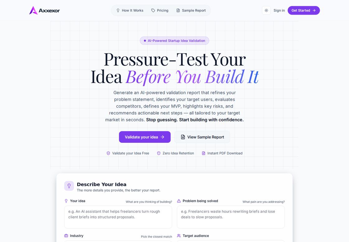 Axxexor homepage, first screen