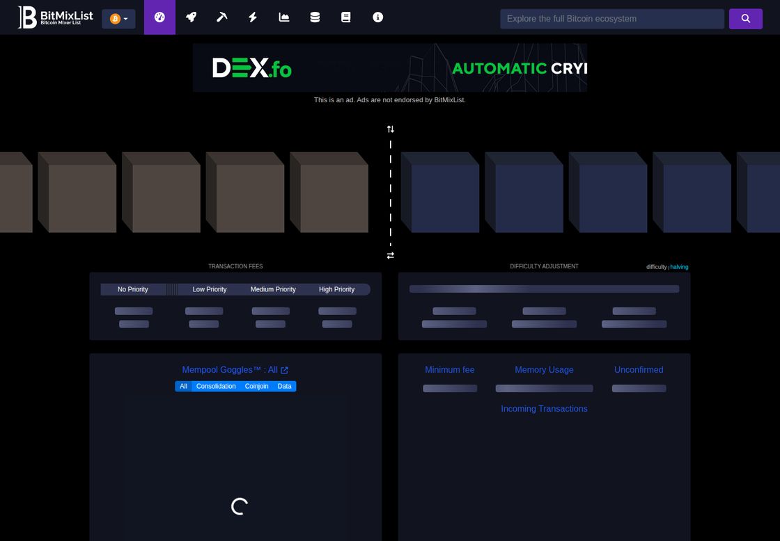 BitMixList Mempool homepage, first screen