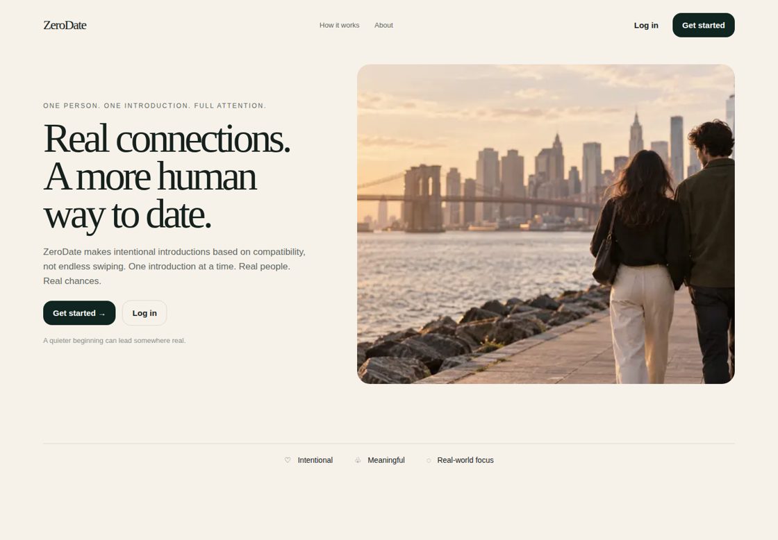 ZeroDate homepage, first screen