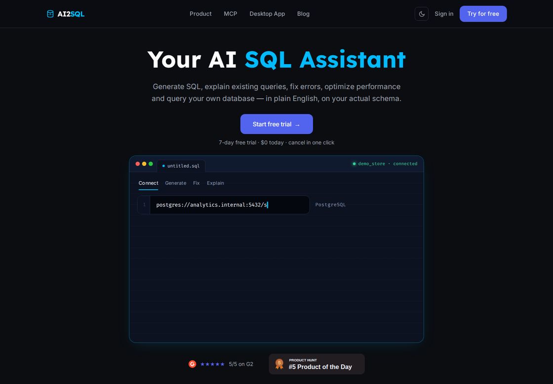 AI2SQL homepage, first screen