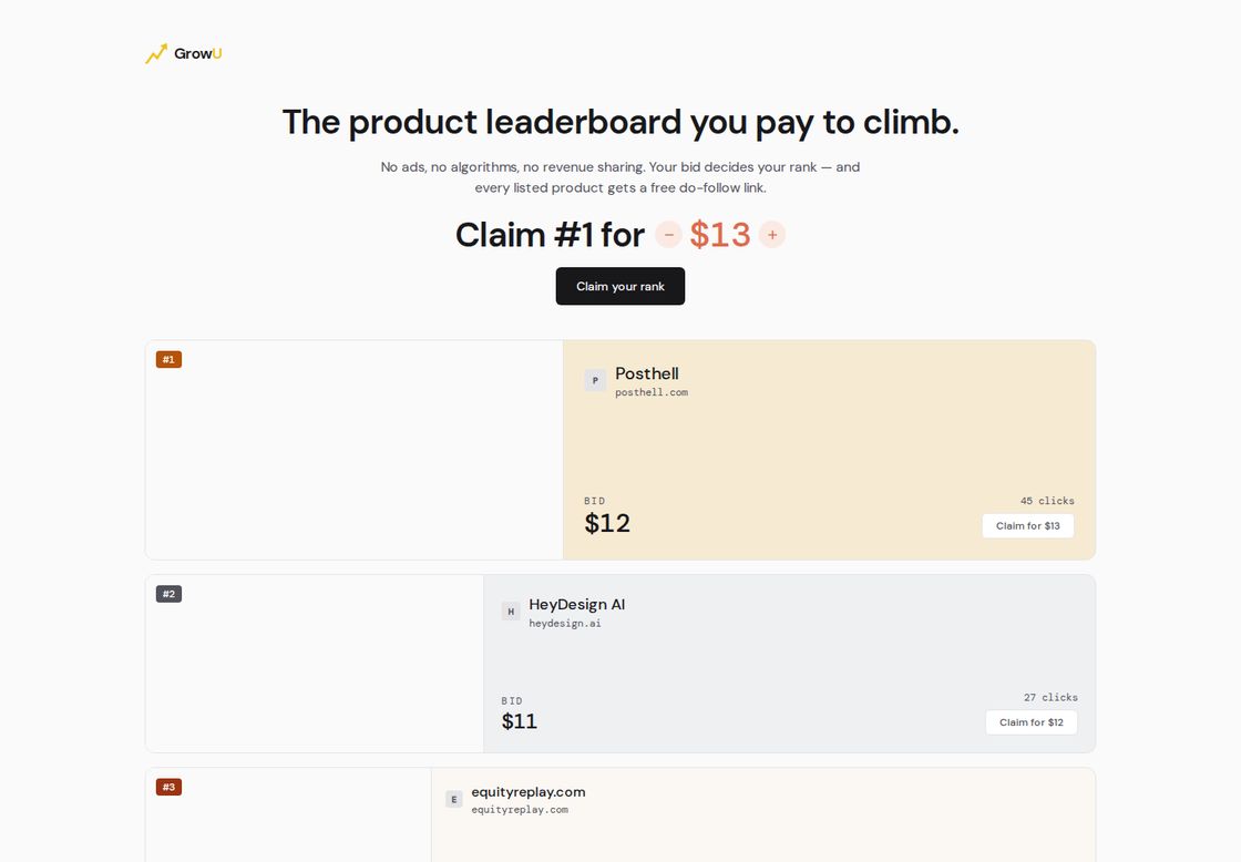 GrowU homepage, first screen