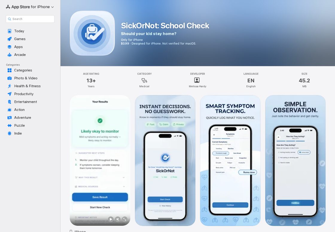 SickOrNot homepage, first screen