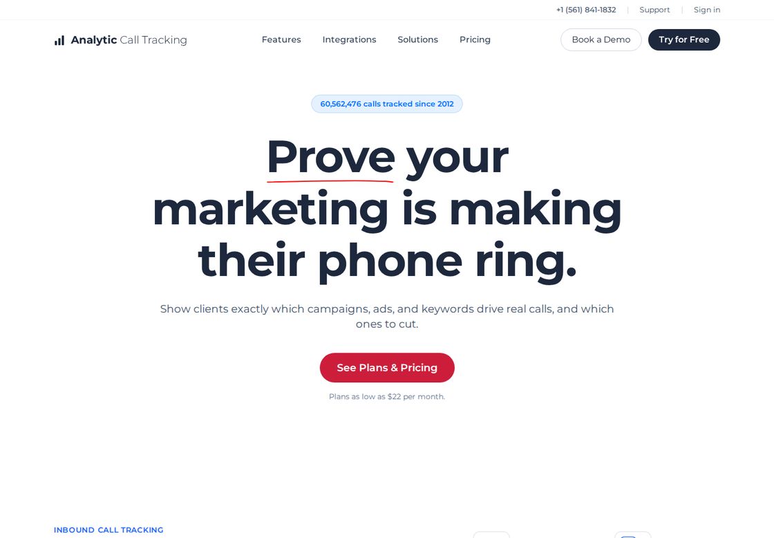 Analytic Call Tracking homepage, first screen