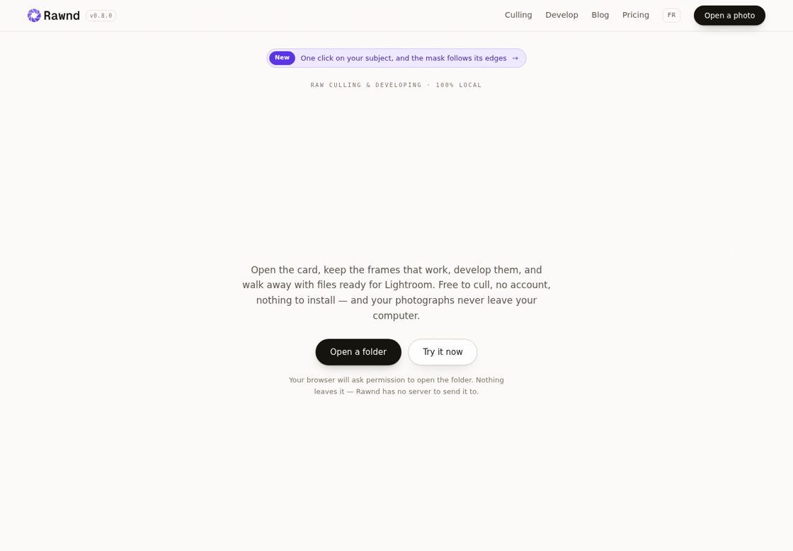 Rawnd homepage, first screen