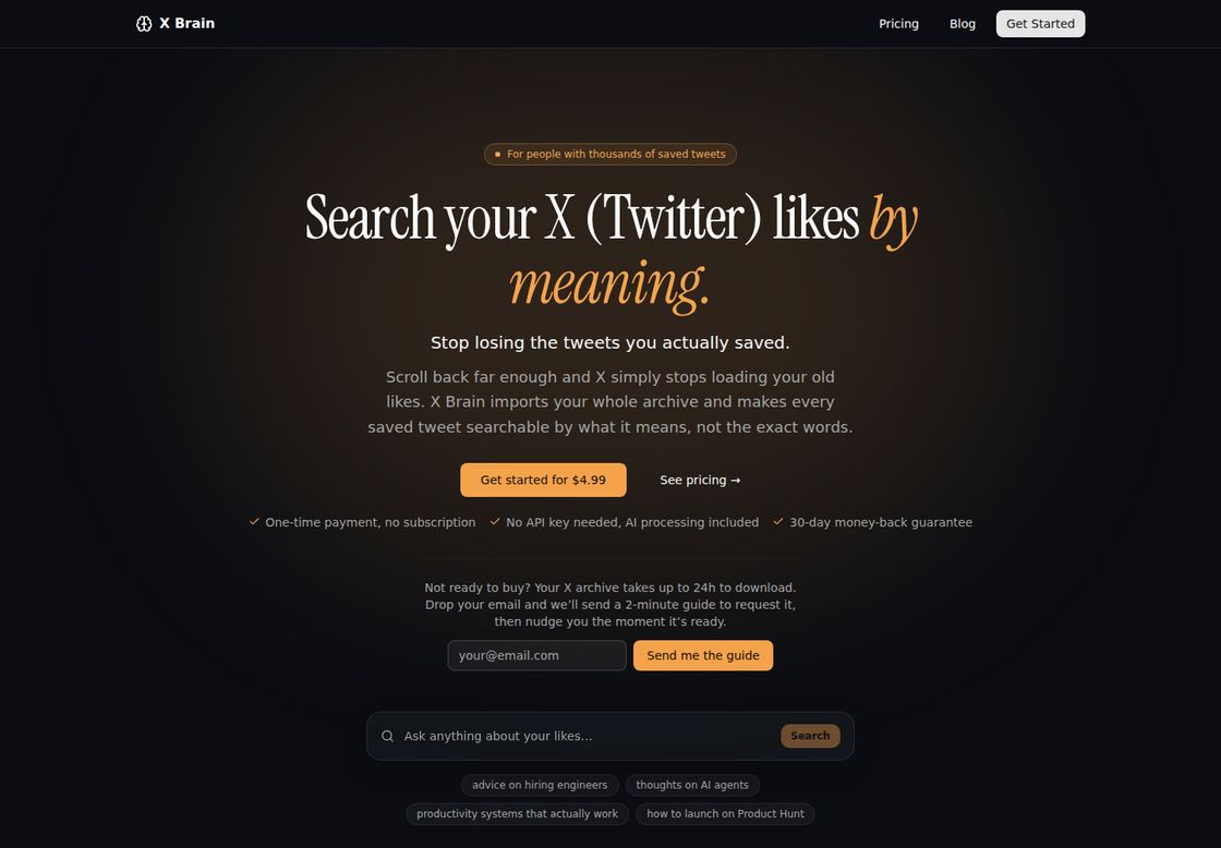 X Brain homepage, first screen