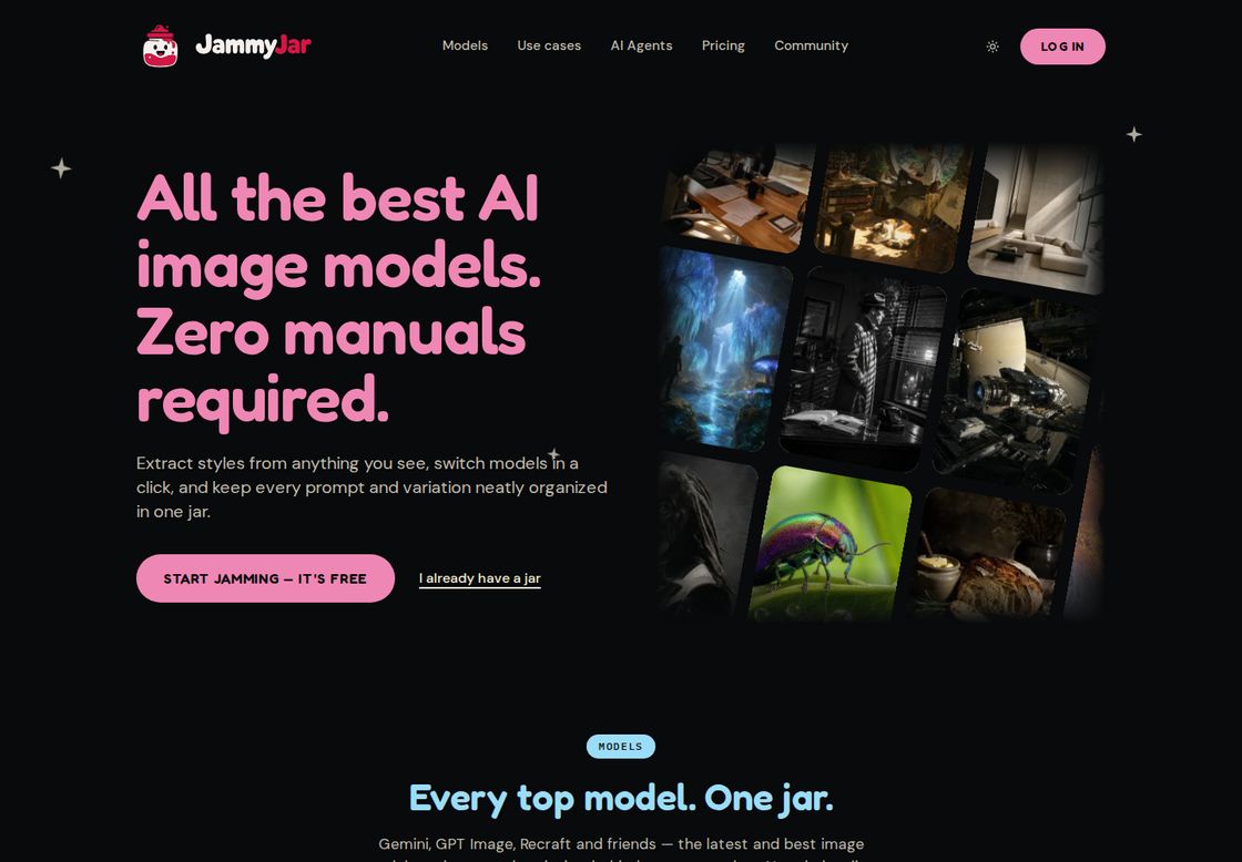JammyJar homepage, first screen
