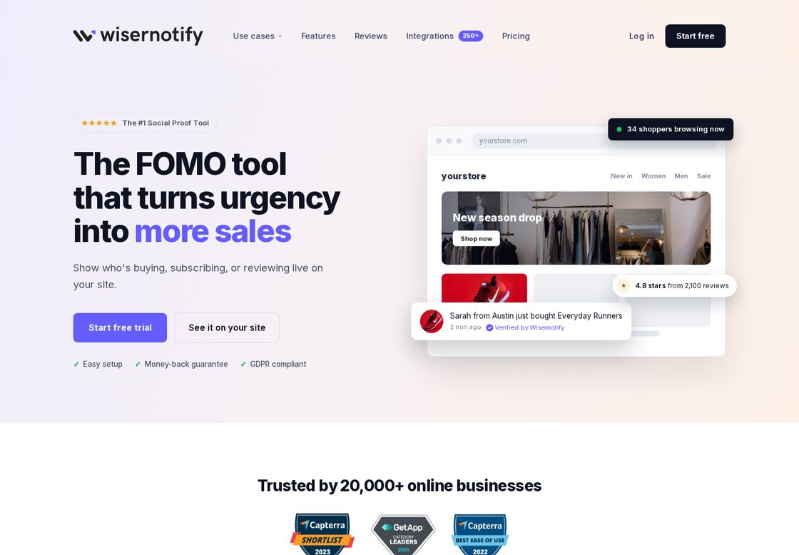 WiserNotify homepage, first screen