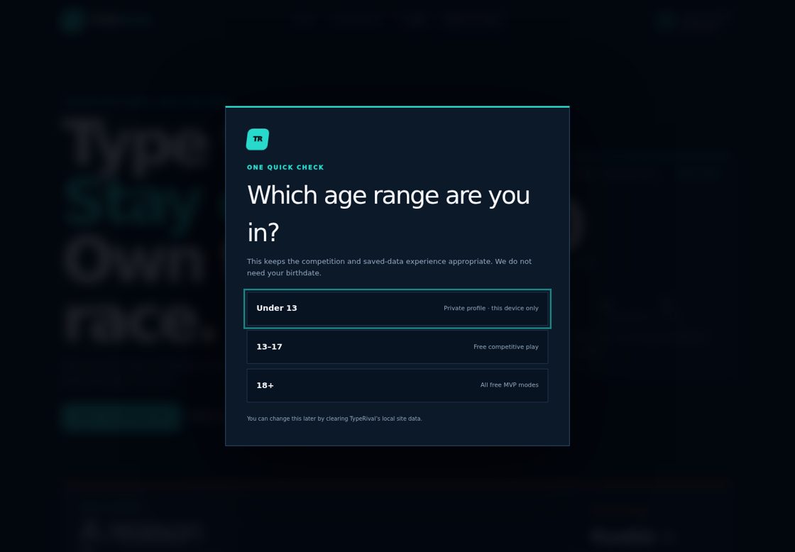 TypeRival homepage, first screen
