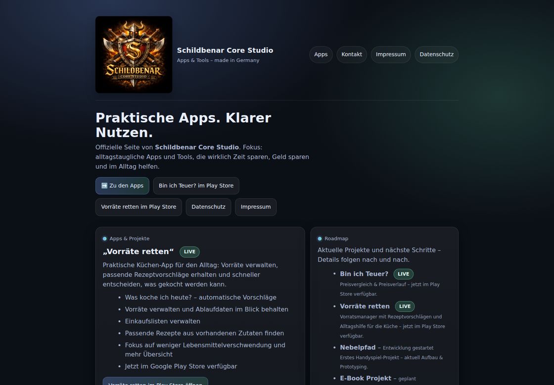 Schildbenar Core Studio homepage, first screen