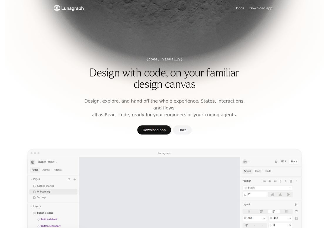 Lunagraph homepage, first screen