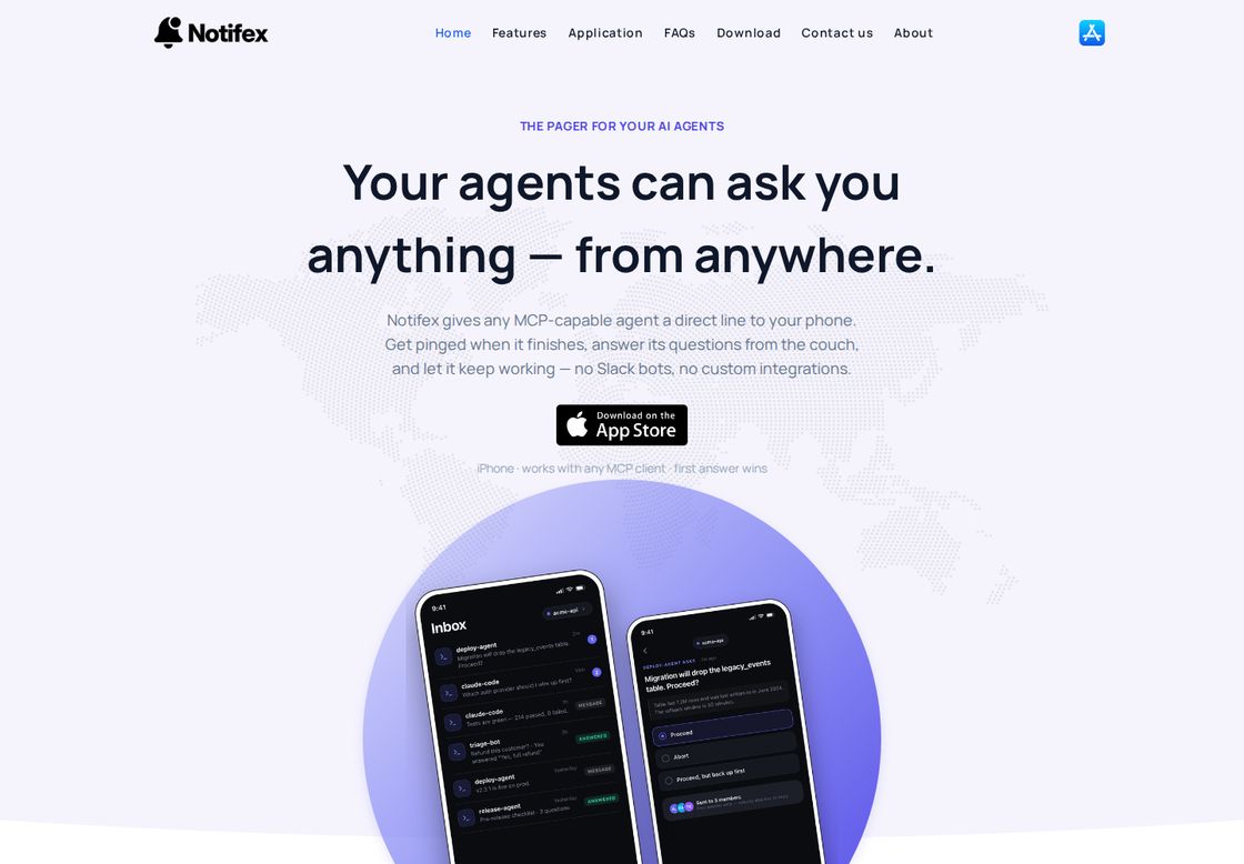 Notifex homepage, first screen