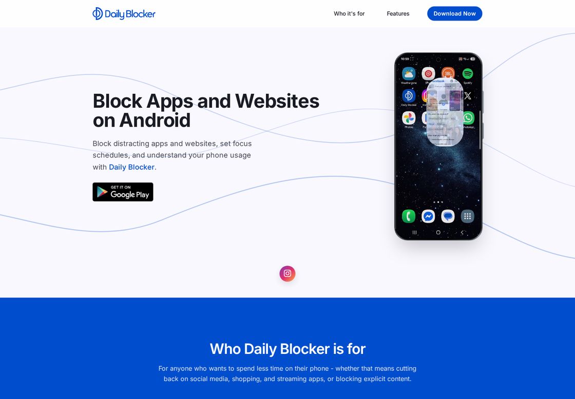 Daily Blocker homepage, first screen
