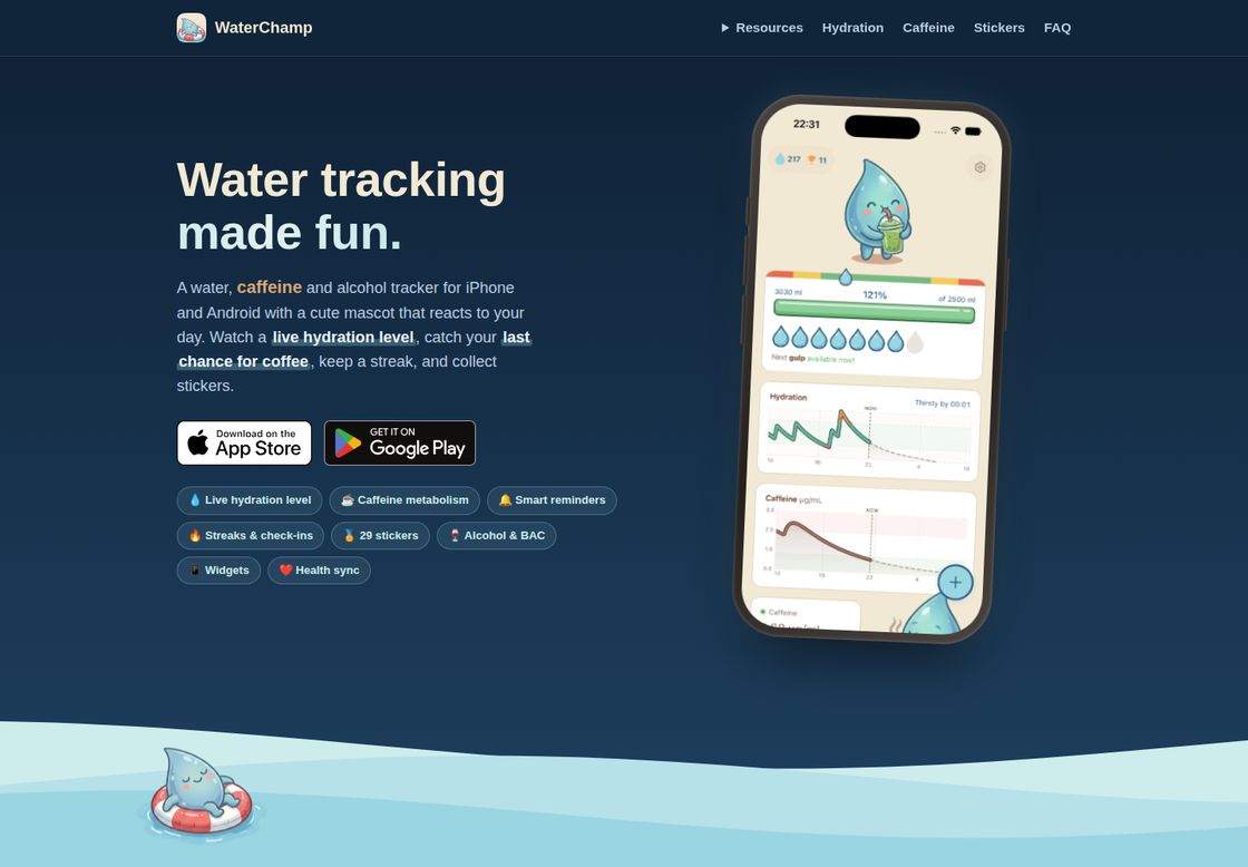 WaterChamp homepage, first screen