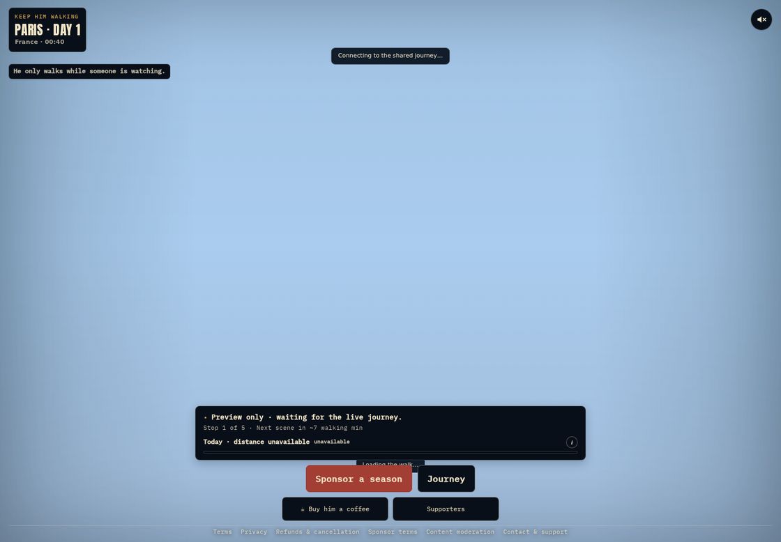 Keep Him Walking homepage, first screen