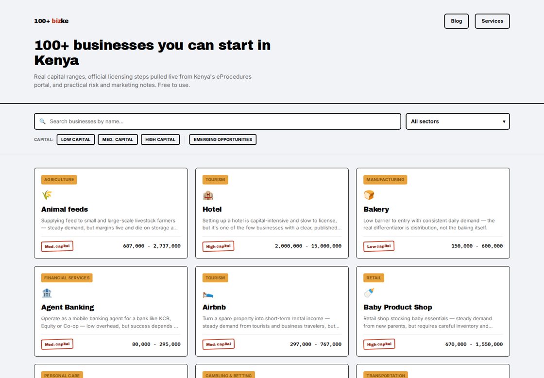 100+ Businesses in Kenya homepage, first screen