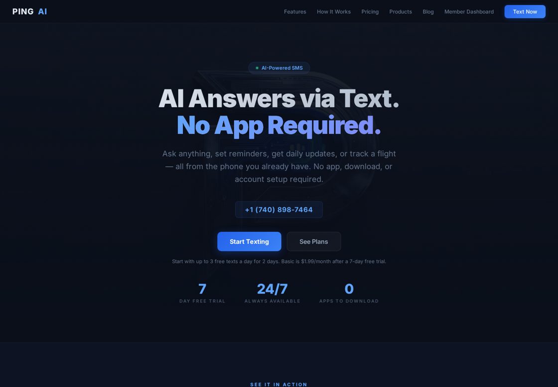 Ping AI homepage, first screen