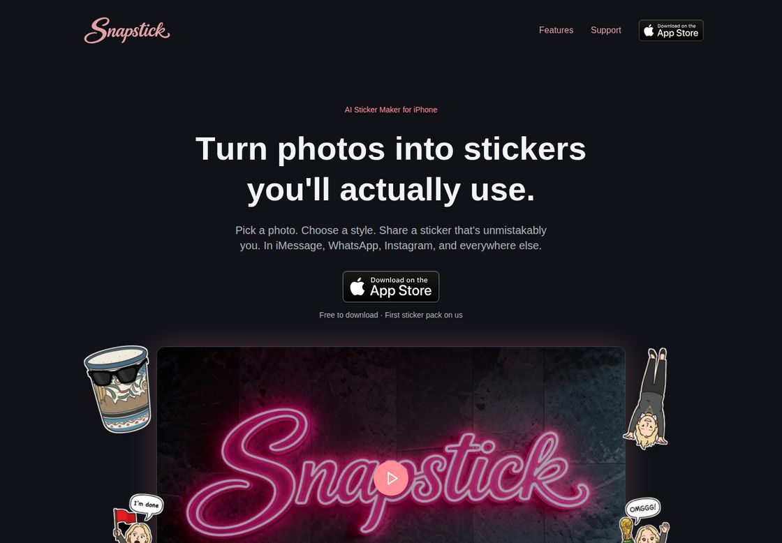 Snapstick homepage, first screen