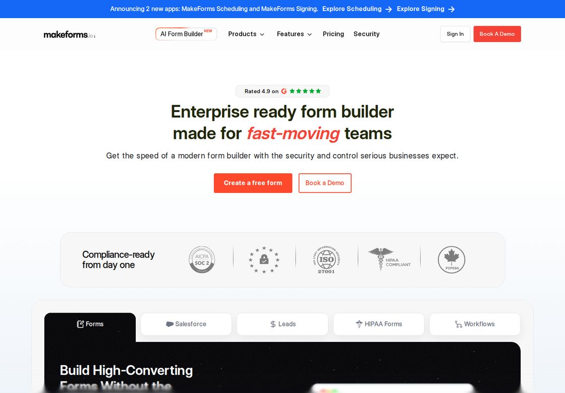 MakeForms homepage, first screen