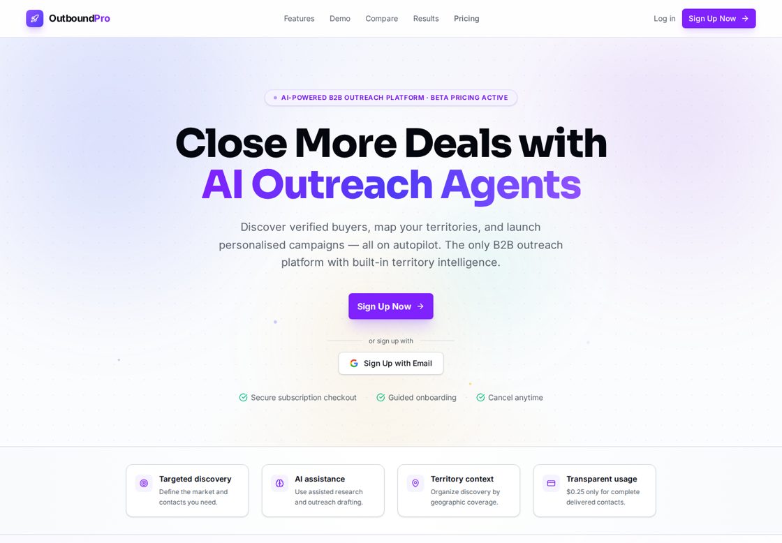 OutboundPro homepage, first screen